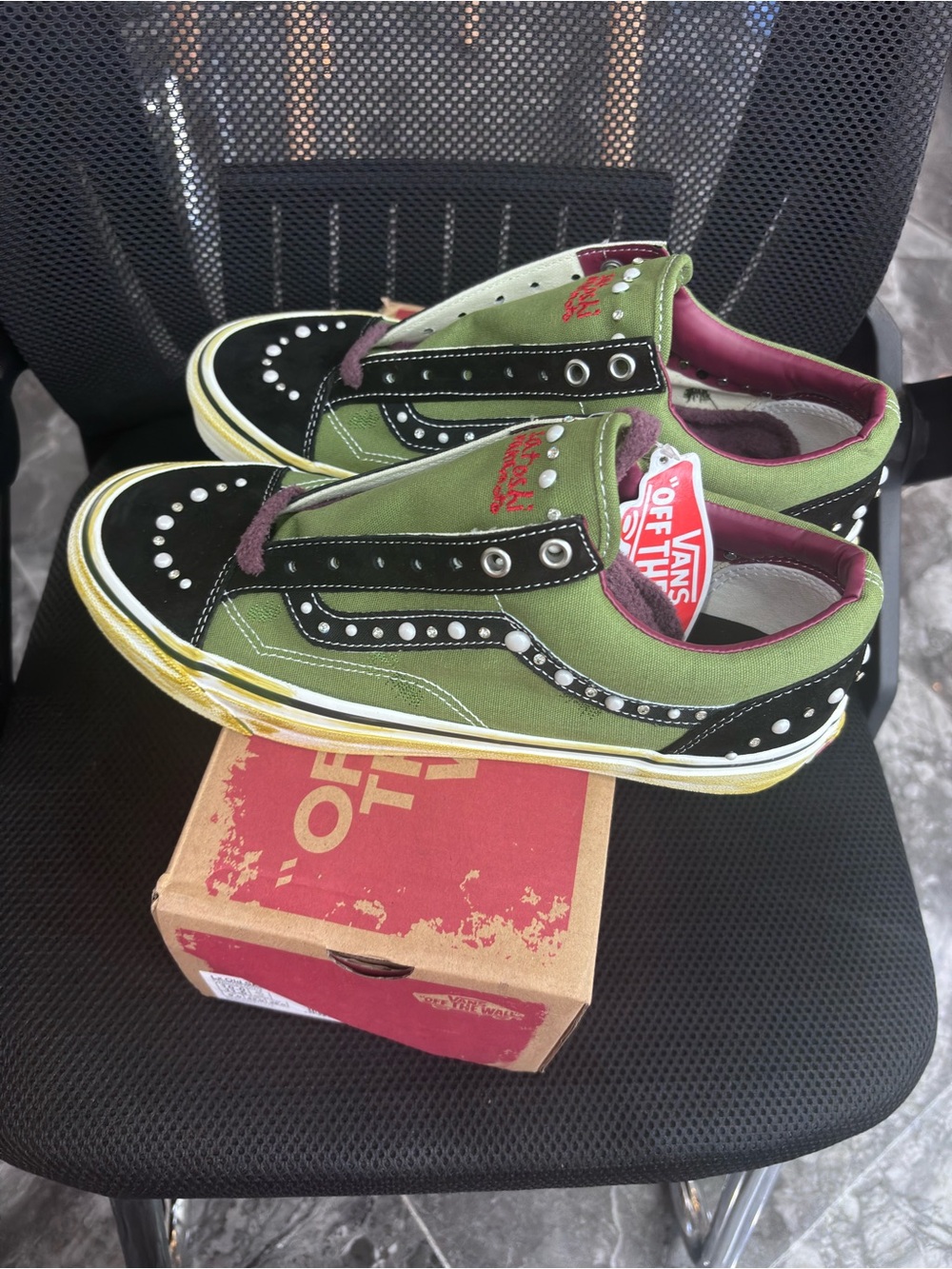 Vans Olive Green and Black Slip-On Sneakers with Maroon Trim